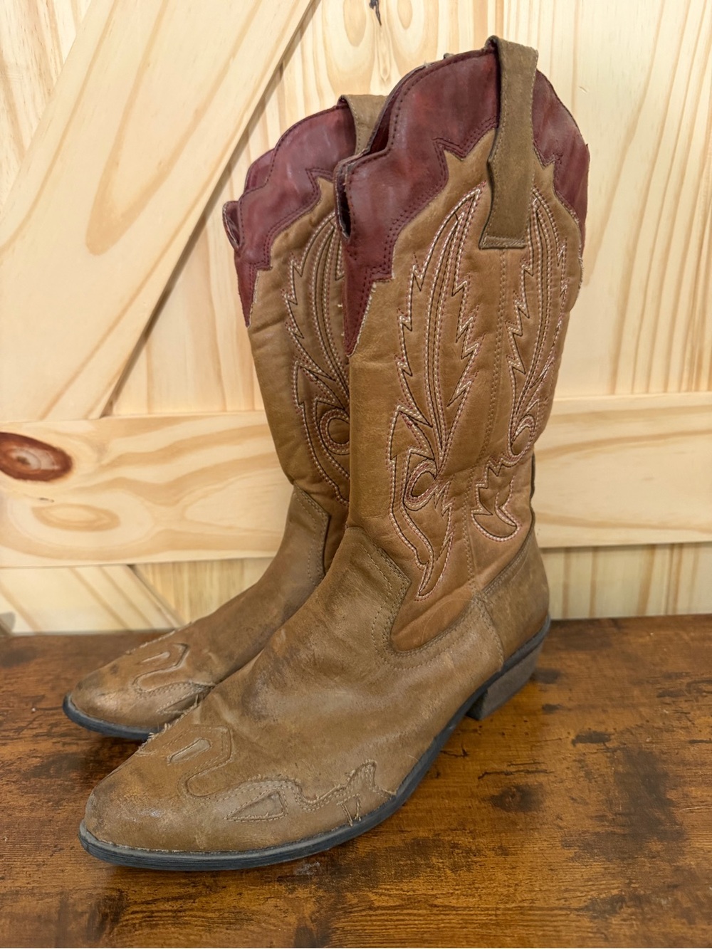 Western Tall Heeled Boots in Brown with Burgundy Top